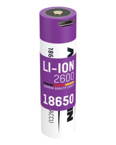 Li-Ion Akku 18650 Typ 2600 (min. 2500 mAh) mit USB Typ-C Ladebuchse